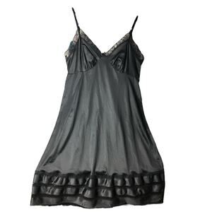 Vintage Black Satin Babydoll Nightgown Lace Fairycore Y2K Size 44